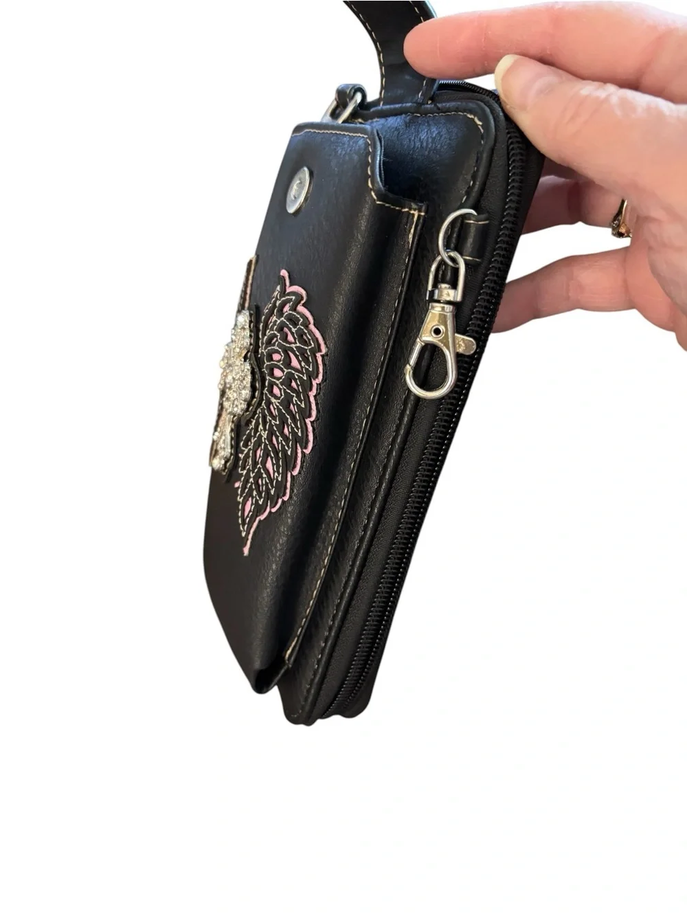 Black Vegan Leather Crossbody Phone Pouch Winged Crystal Cross Accent Wristband